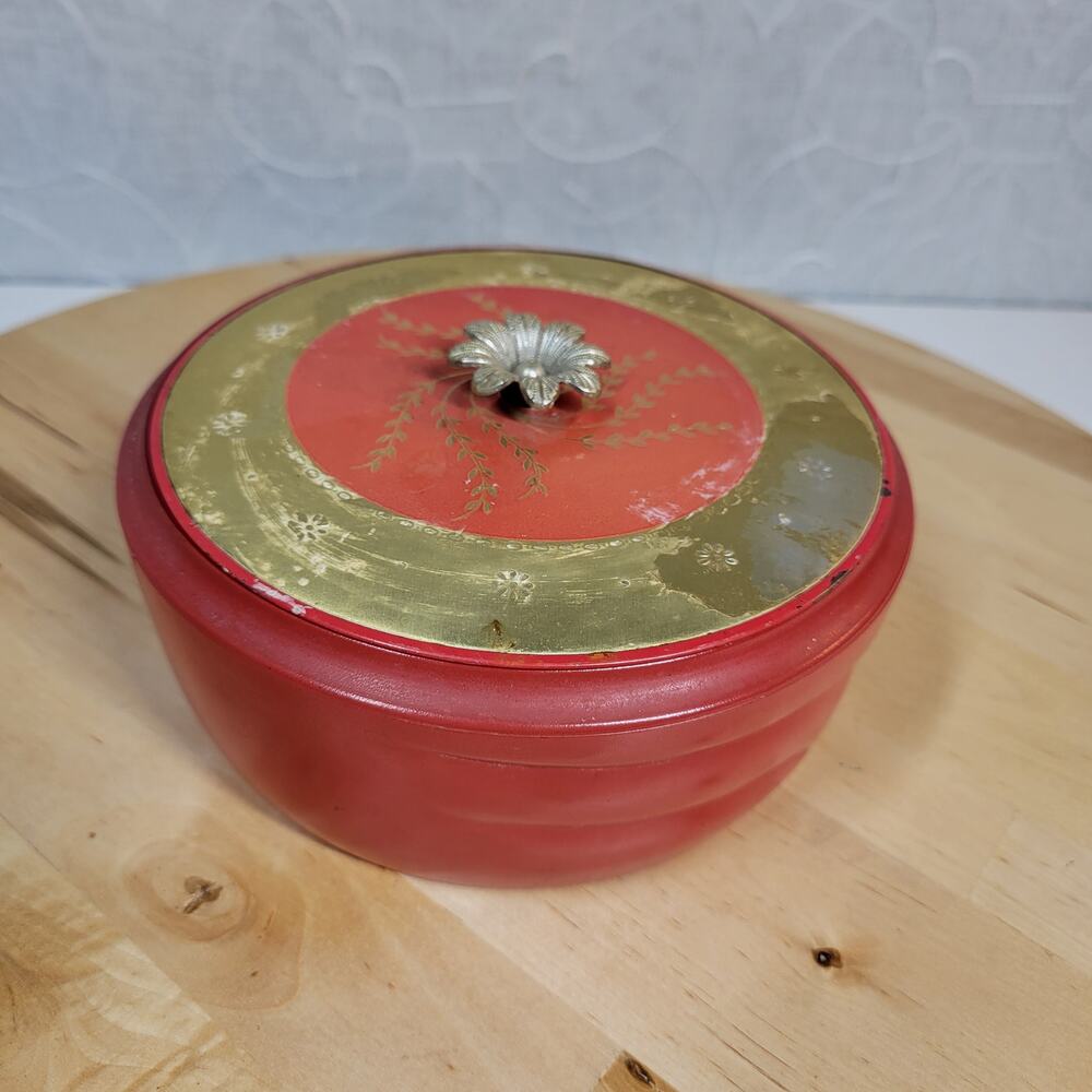 Vintage AVON Persian Wood Beauty Dust Dish 5" Red Gold Floral Lid Puff